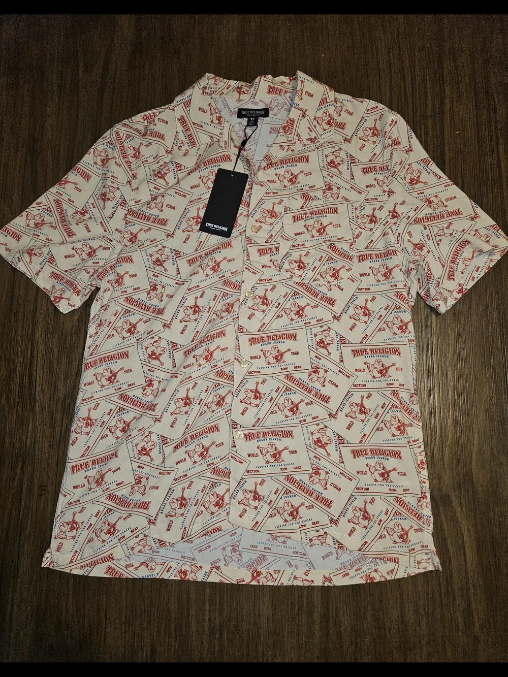 True Religion Cream and Red Logo-Print Short Sleeve Button-Down